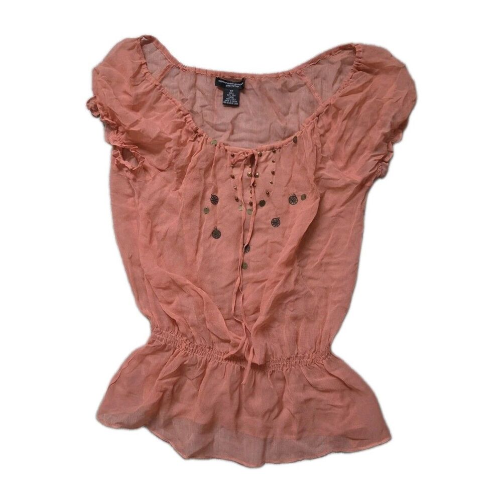 Spencer Jeremy Petite Coral Silk Peasant Blouse Coin Beaded Boho Top Size PP GUC